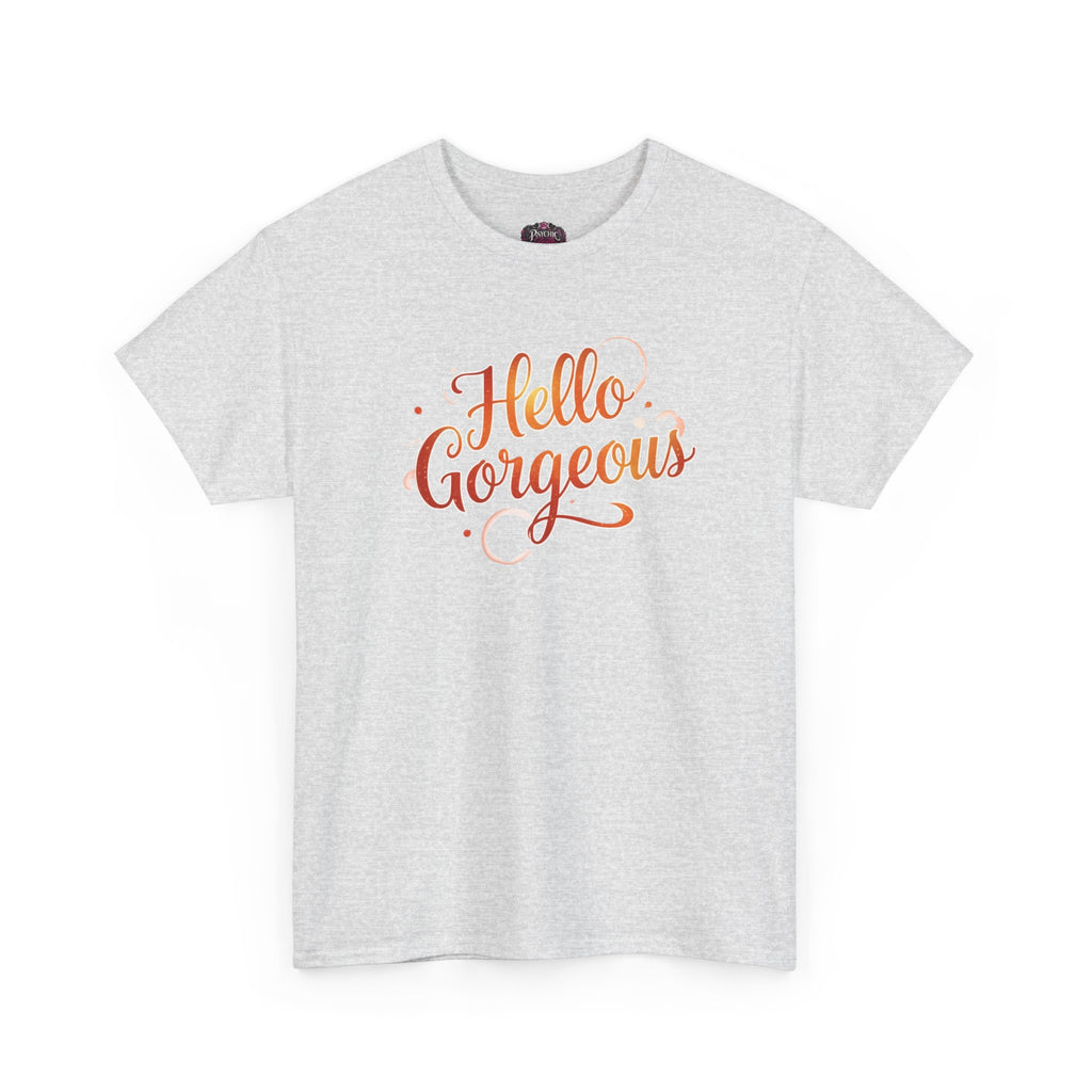 Hello Gorgeous Sunset T-Shirt — Feminine Script Graphic Tee