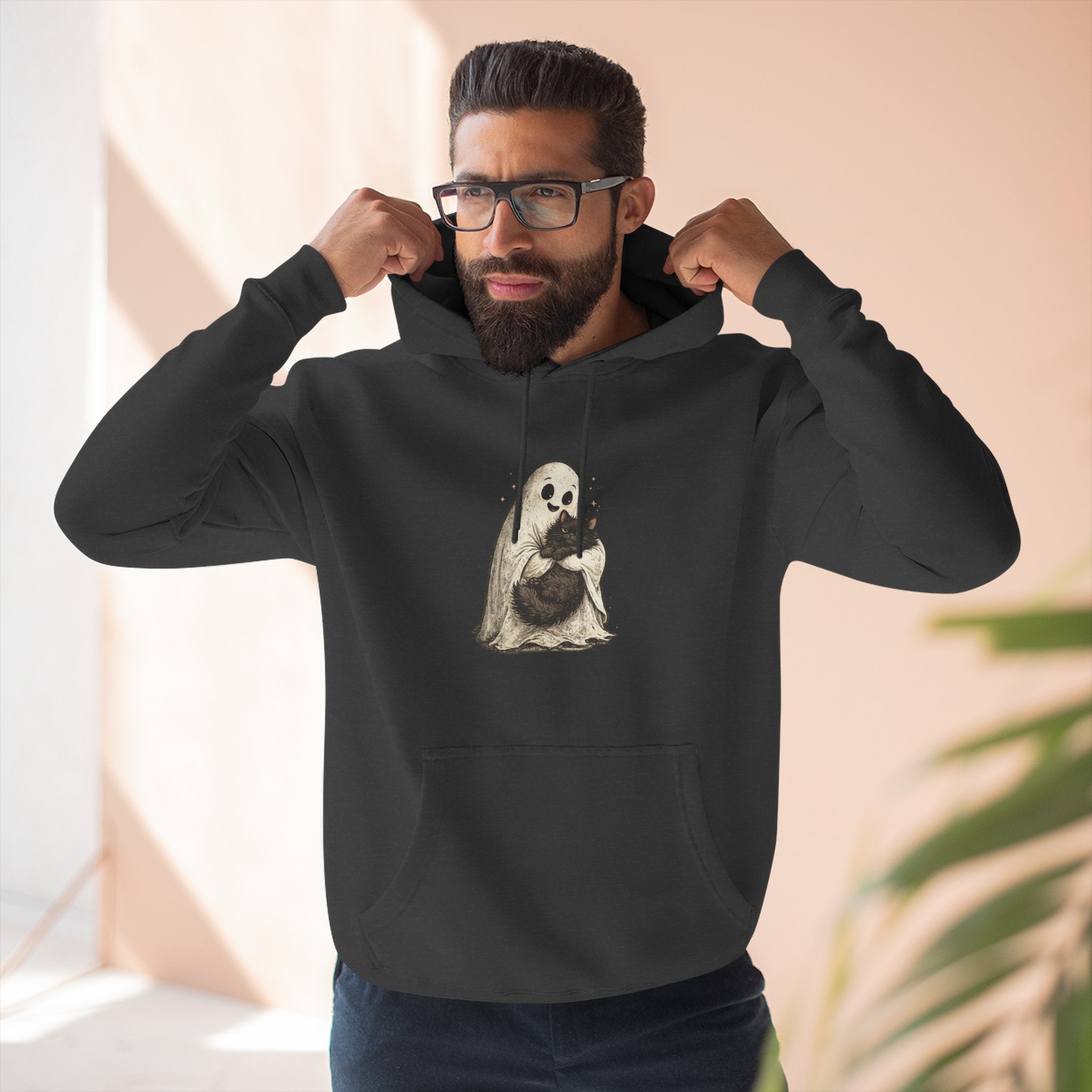 Boo & Meow Ghost Hugging Black Cat hoodie | Cute Spooky Tee Fleece Pullover