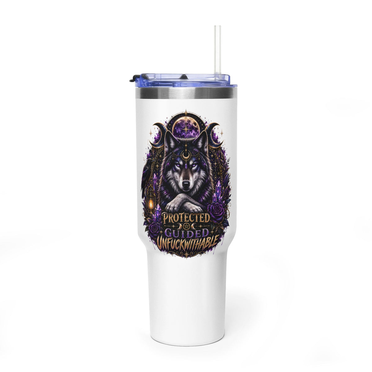 40oz Vacuum Tumbler — 'Protected & Guided' Mystic Wolf Thermal Mug