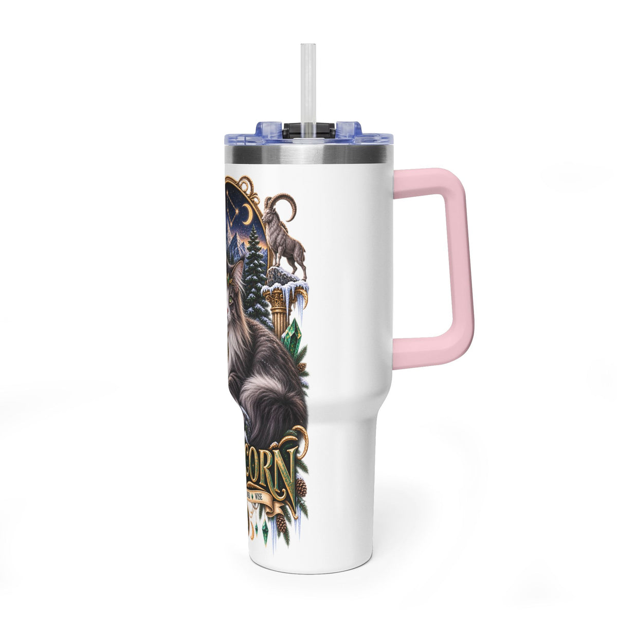 Capricorn Norwegian Forest Cat 40oz Vacuum Tumbler — Zodiac Travel Mug with Handle