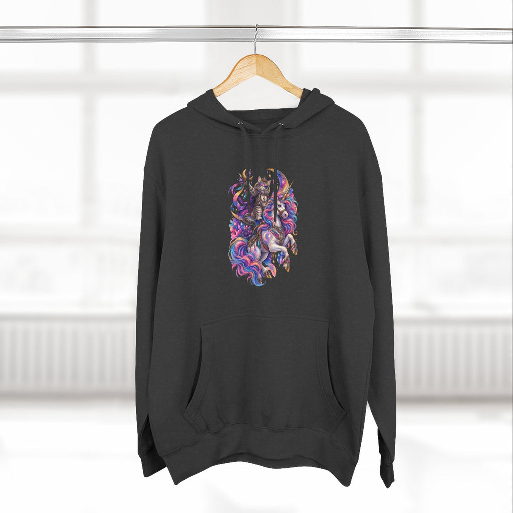 Colorful Cosmic Cat Riding a Unicorn — Vibrant Nebula Graphic Pullover