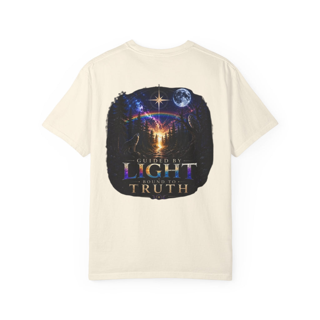 T-Shirt — "Guided by Light, Bound to Truth" Cosmic Forest Graphic