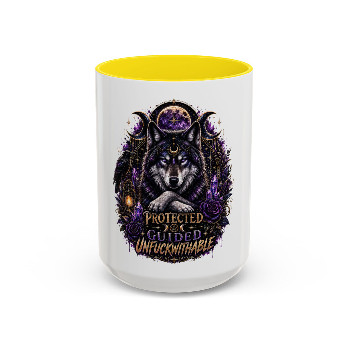 Protected, Guided & Unfuckwithable Wolf Coffee Mug — Spiritual Mystic Accent Mug (11/15oz)