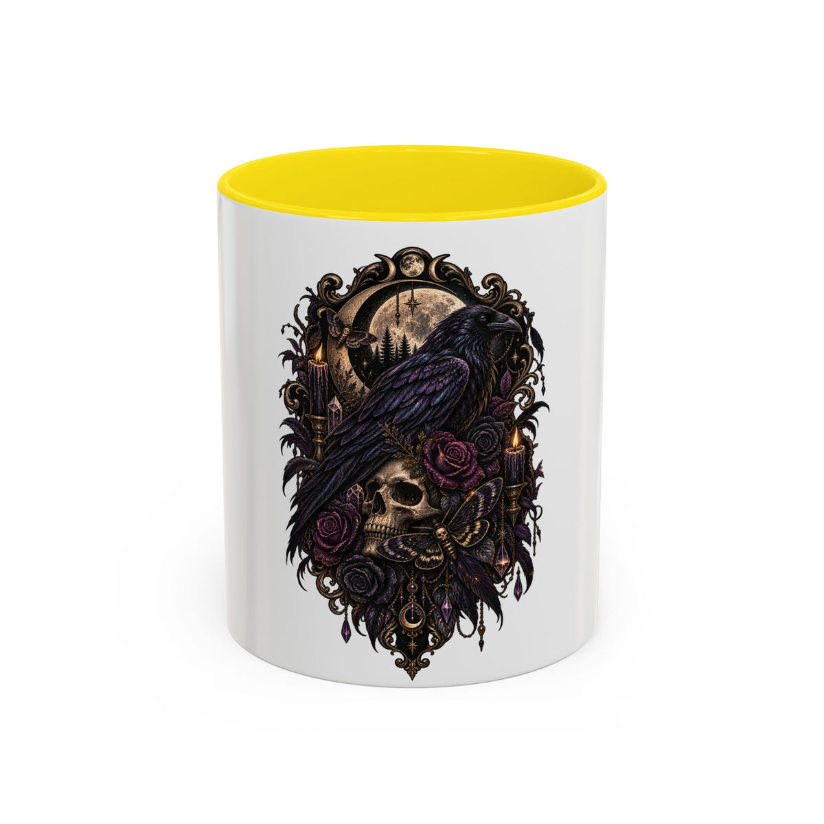 Gothic Raven & Skull Accent Coffee Mug — Dark Floral Occult Tea Cup