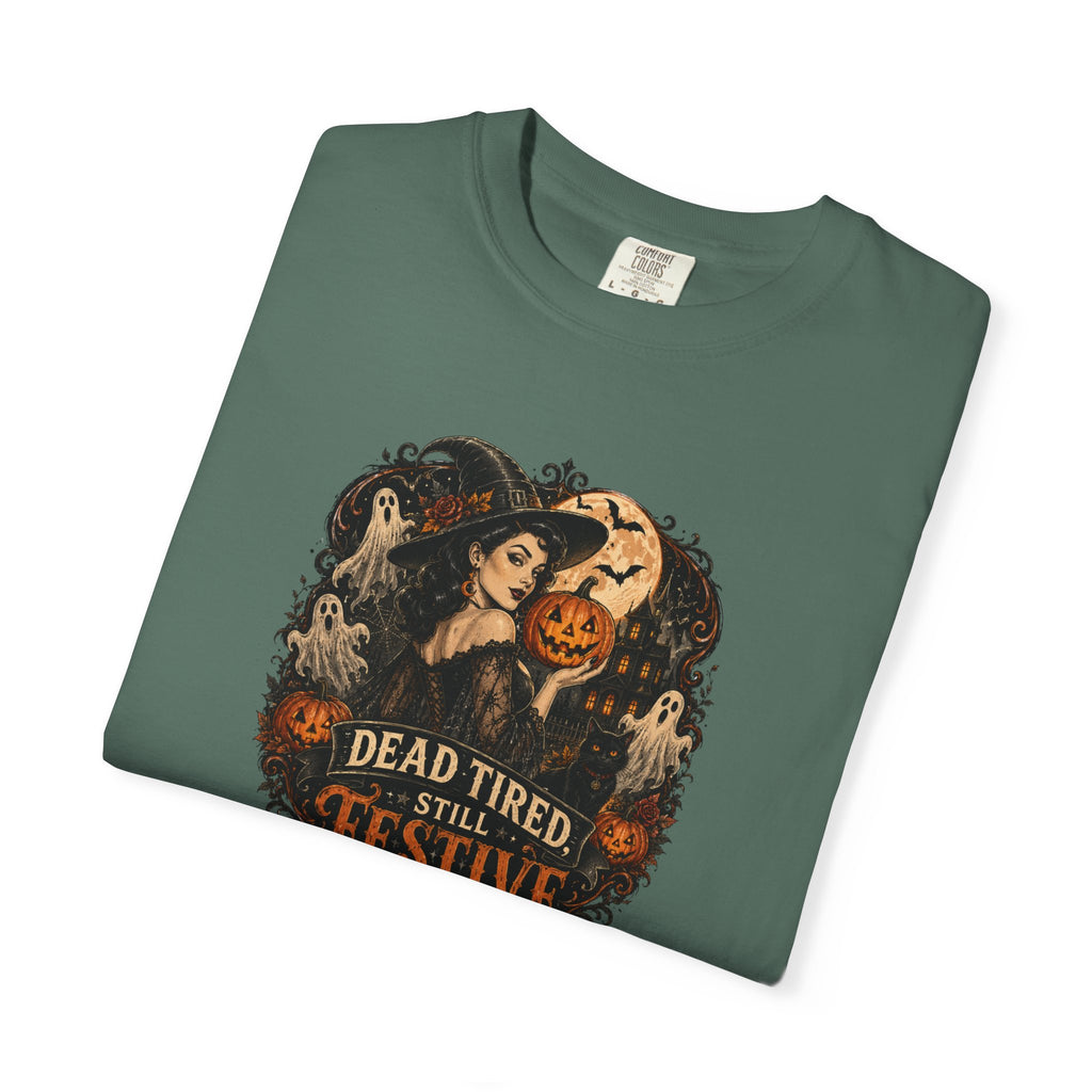 Halloween Graphic T-Shirt — "Dead Tired but Festive" Vintage Horror Pumpkin Tee