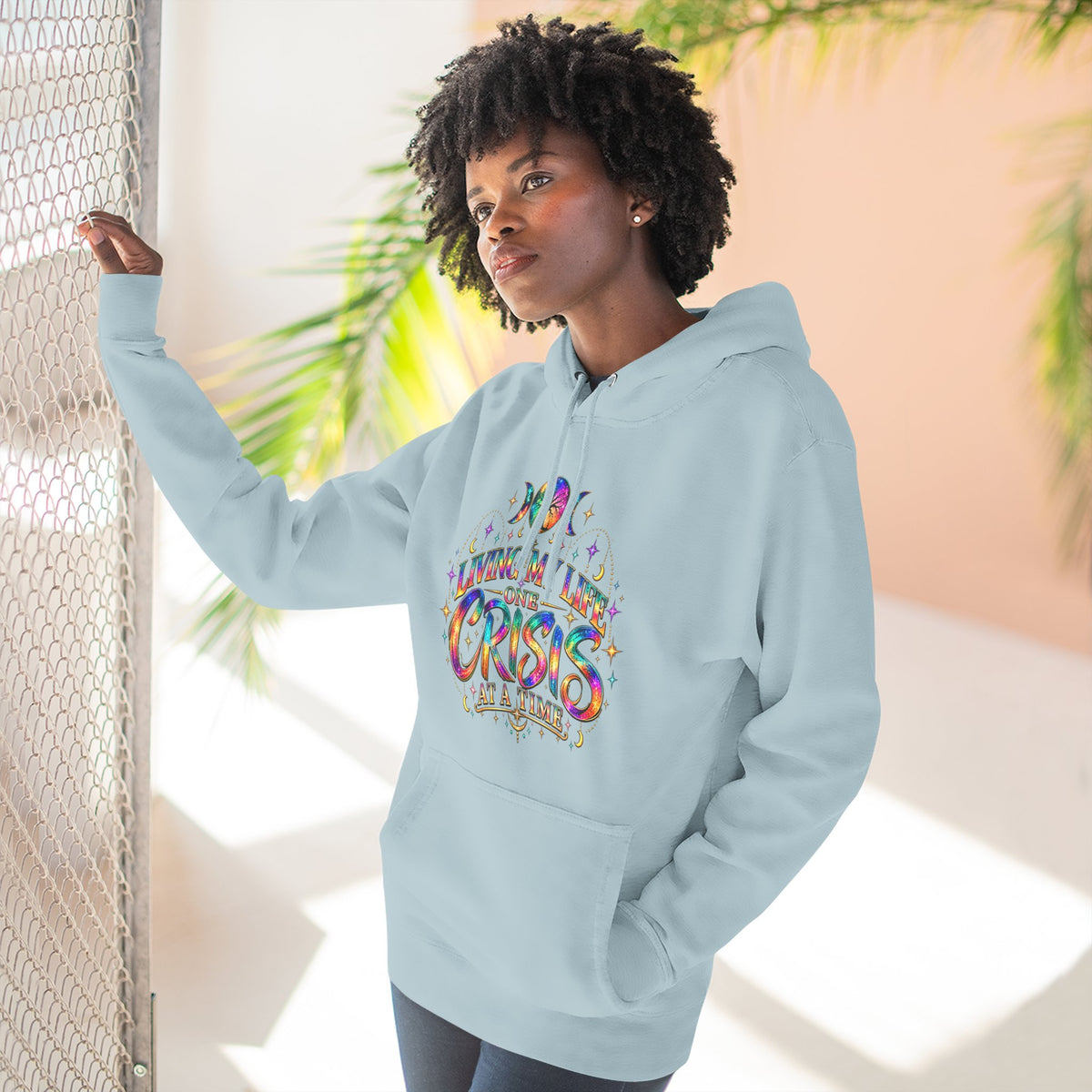 Hoodie — "Living My Best One Crisis At A Time" Colorful Retro Graphic