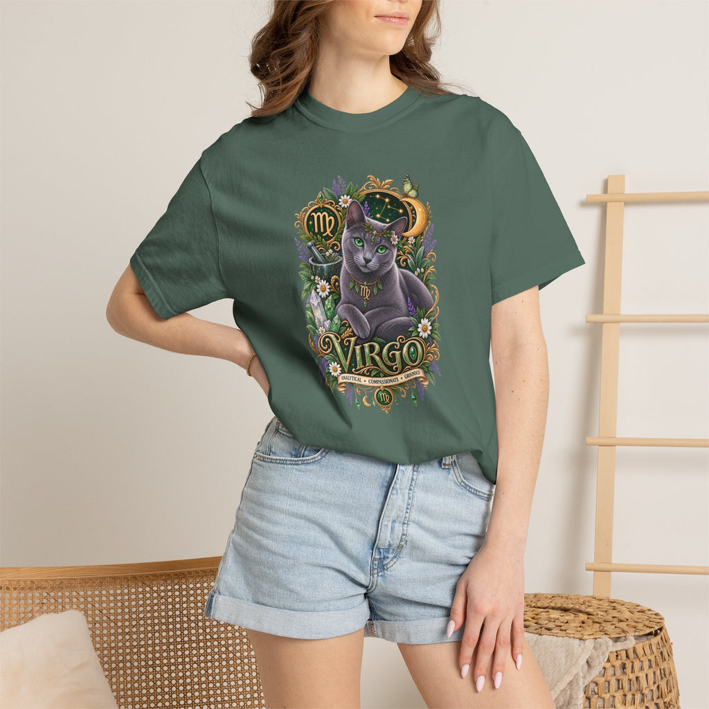 Virgo Cat Zodiac T-Shirt — Virgo Astrology Tee with Russian Blue & Floral Design