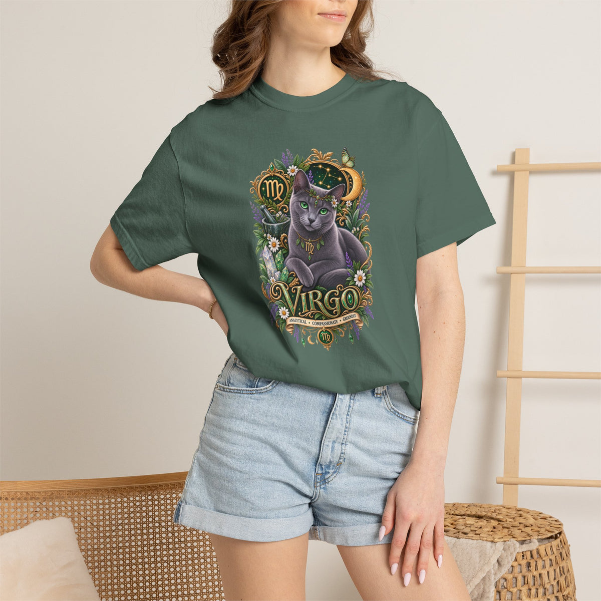 Virgo Cat Zodiac T-Shirt — Virgo Astrology Tee with Russian Blue & Floral Design