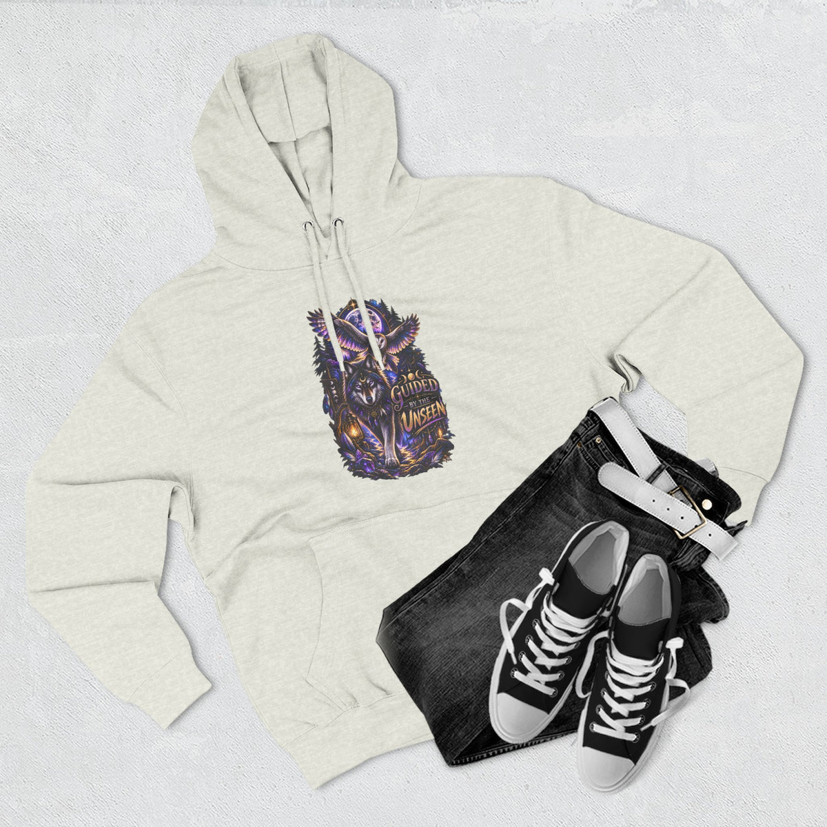 Witchy Owl and Wolf Fleece Hoodie - Mystical Night Forest Graphic- Guided by the Unseen