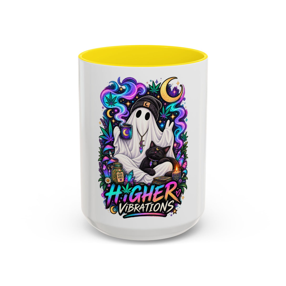 Higher Vibrations Coffee Mug — Cute Ghost & Cat Accent Mug (11/15 oz)