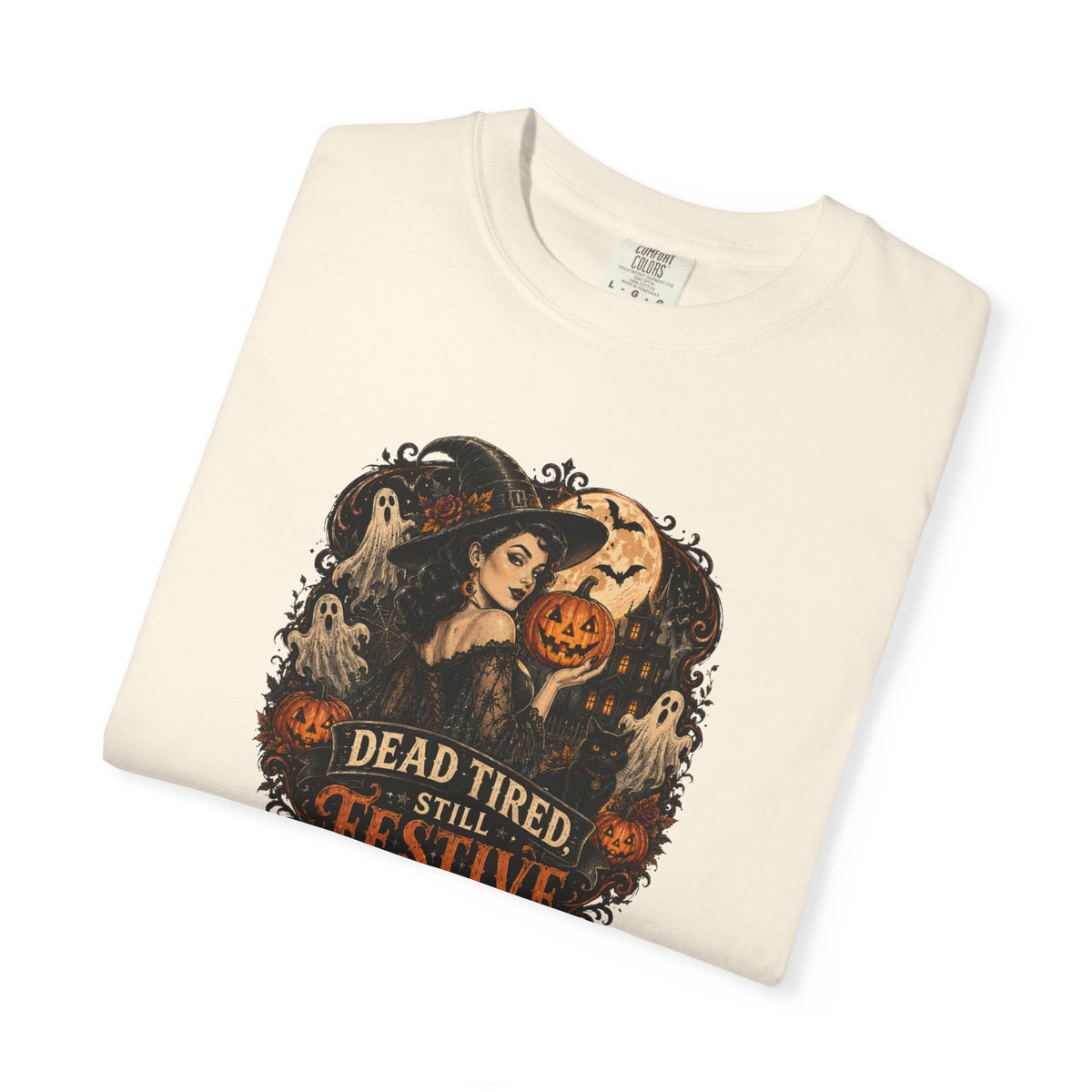 Halloween Graphic T-Shirt — "Dead Tired but Festive" Vintage Horror Pumpkin Tee