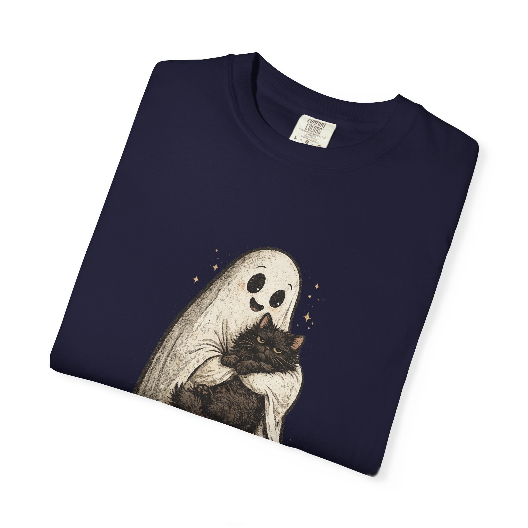 Boo & Meow Ghost Hugging Black Cat T-Shirt | Cute Spooky Tee