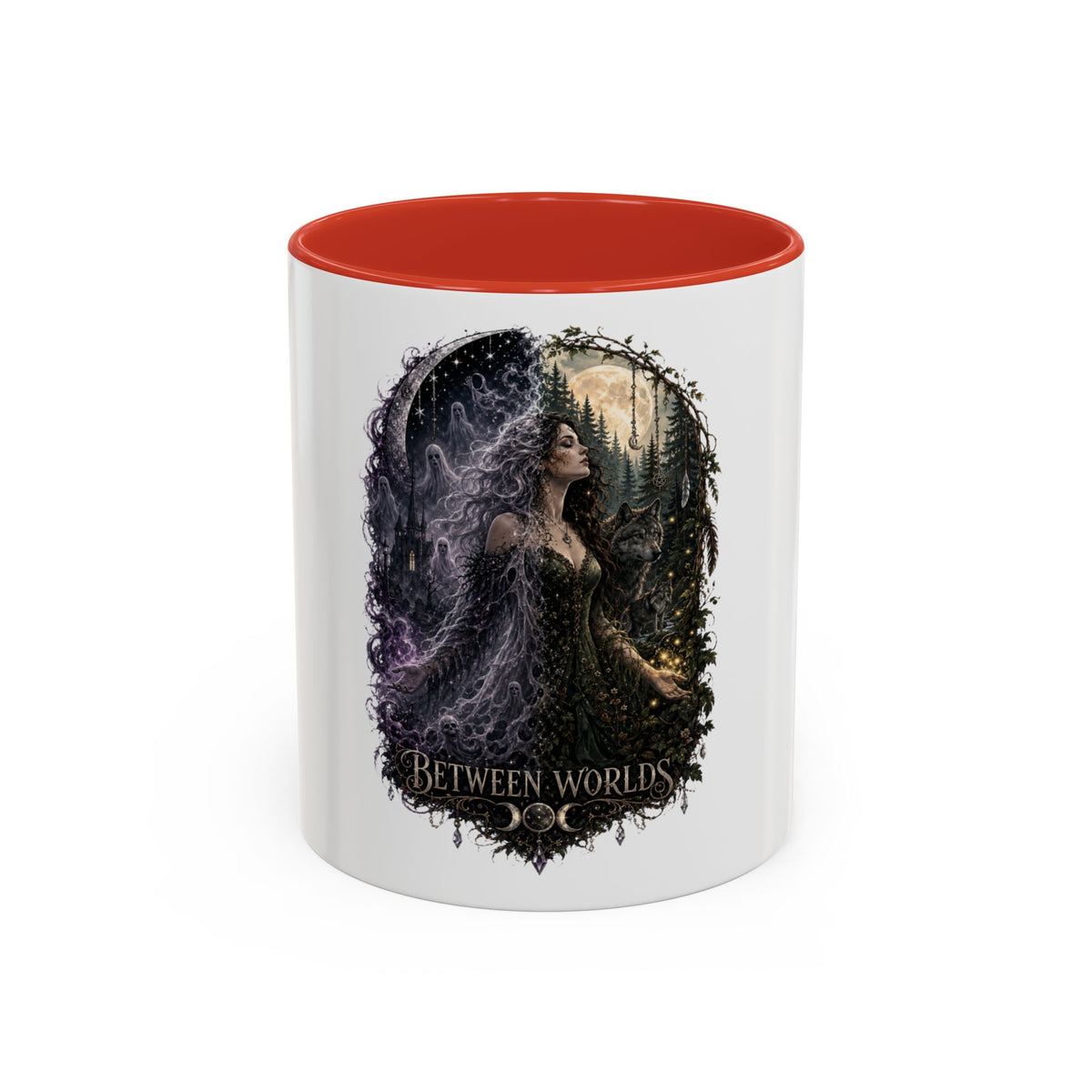 Between Worlds Accent Coffee Mug — Gothic Fantasy Witch Illustration (11/15oz)