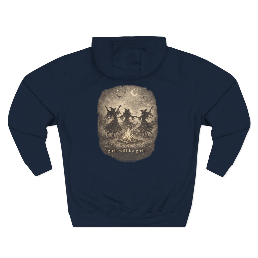 Witchy Trio Graphic Hoodie – 'Girls Will Be Girls' Vintage Moonback Sweatshirt