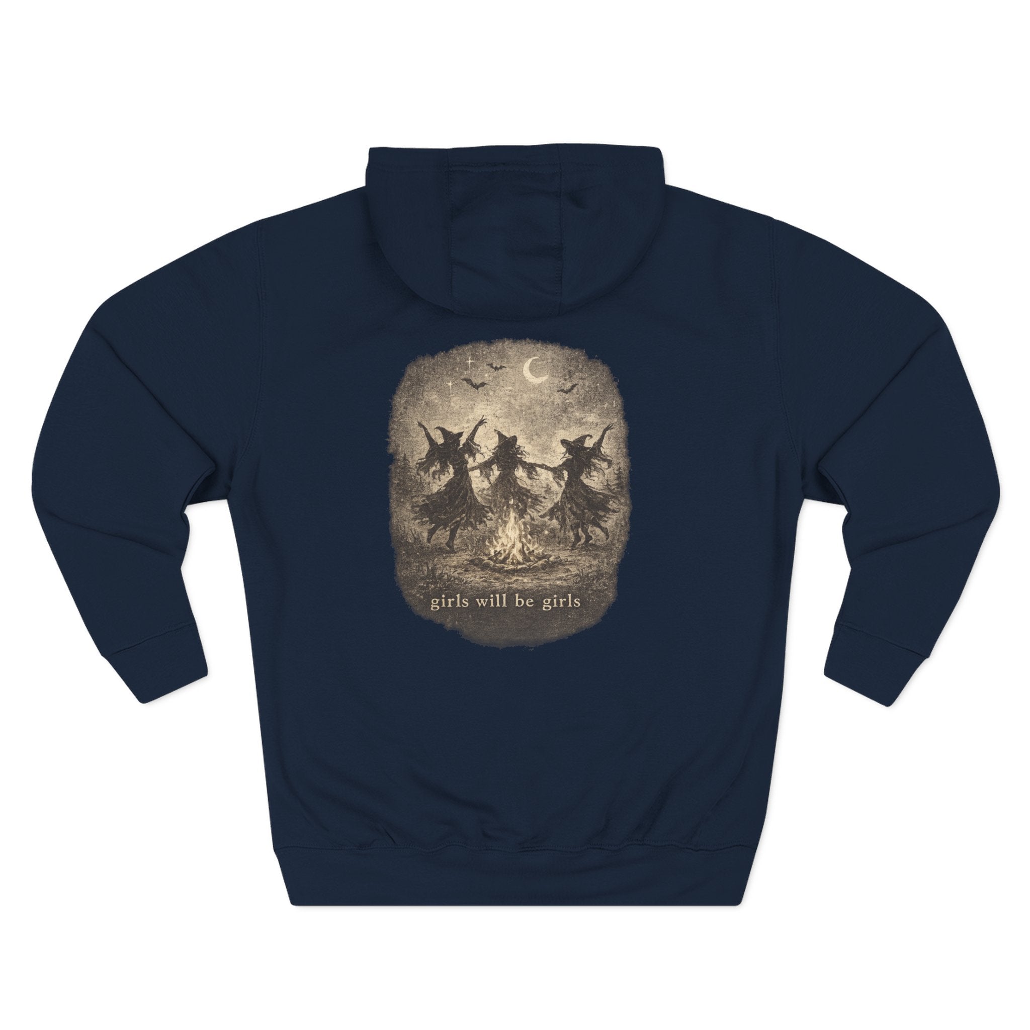 Witchy Trio Graphic Hoodie – 'Girls Will Be Girls' Vintage Moonback Sweatshirt