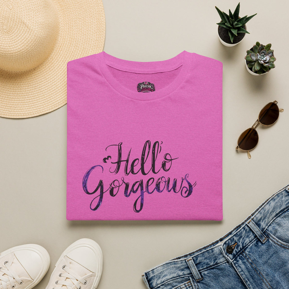 T-Shirt — "Hello Gorgeous" Purple Black Script Graphic Tee