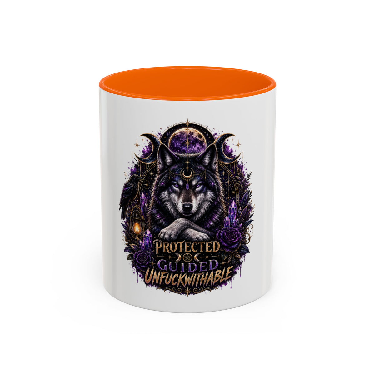 Protected, Guided & Unfuckwithable Wolf Coffee Mug — Spiritual Mystic Accent Mug (11/15oz)