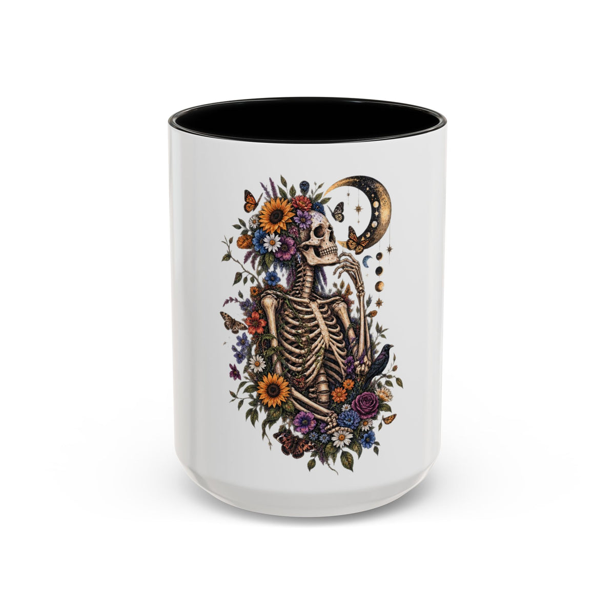 Skull & Moon Floral Coffee Mug — Gothic Botanical Accent Mug
