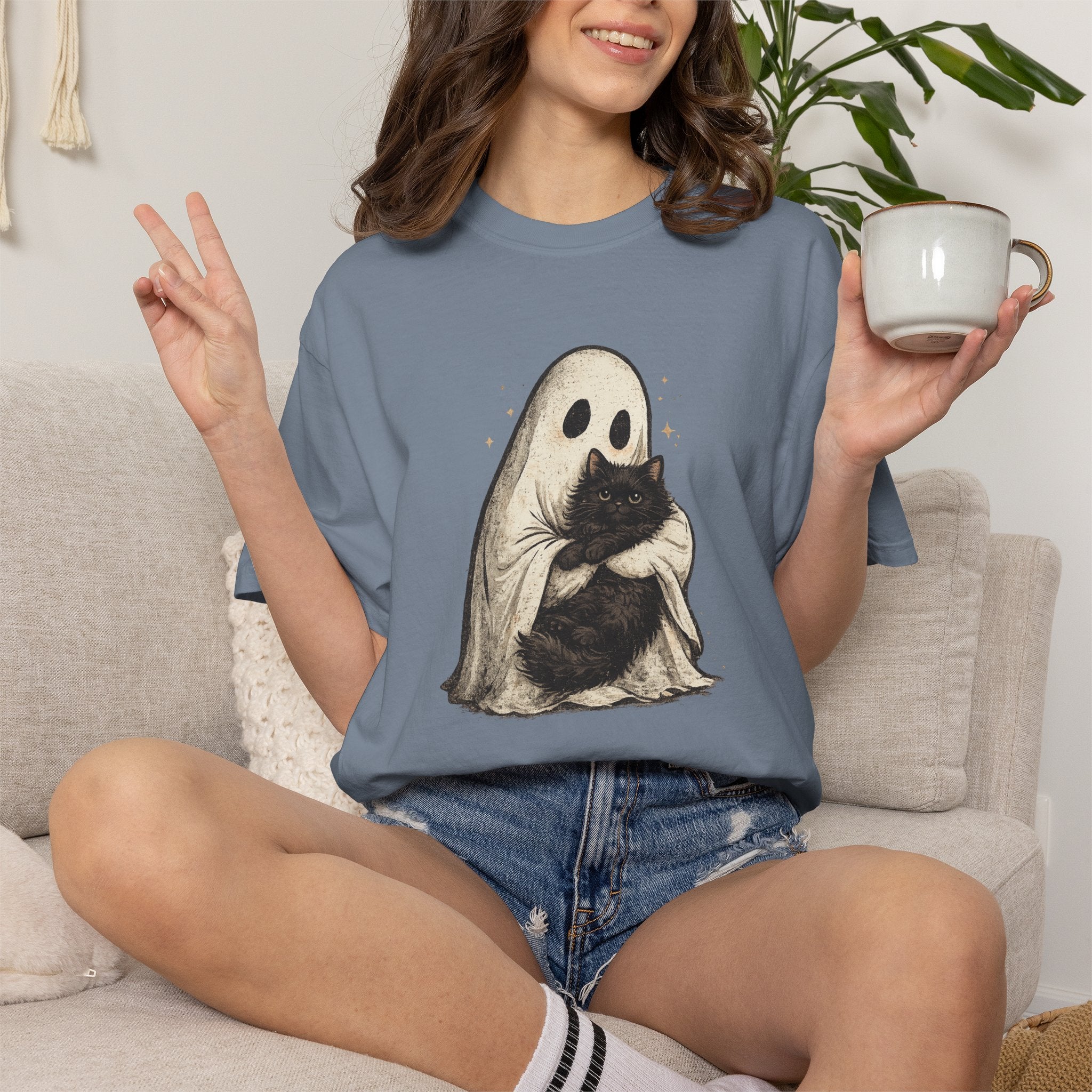 Ghost Hug T-Shirt — Cute Ghost Holding Cat Graphic Tee