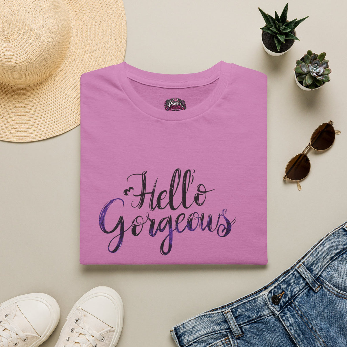 T-Shirt — "Hello Gorgeous" Purple Black Script Graphic Tee