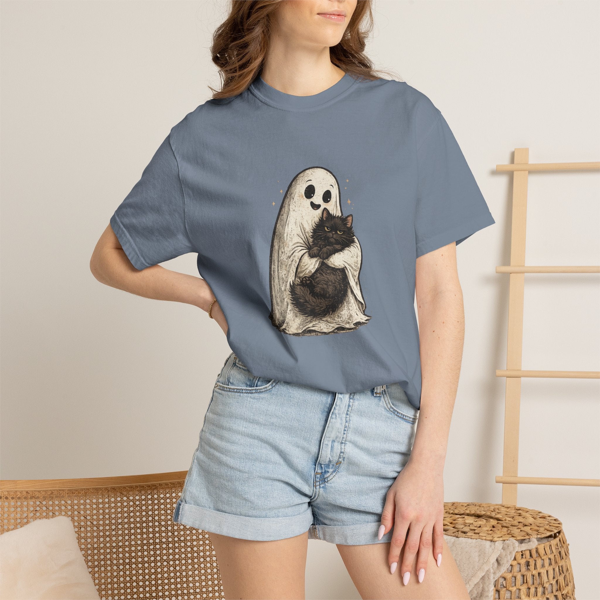 Boo & Meow Ghost Hugging Black Cat T-Shirt | Cute Spooky Tee