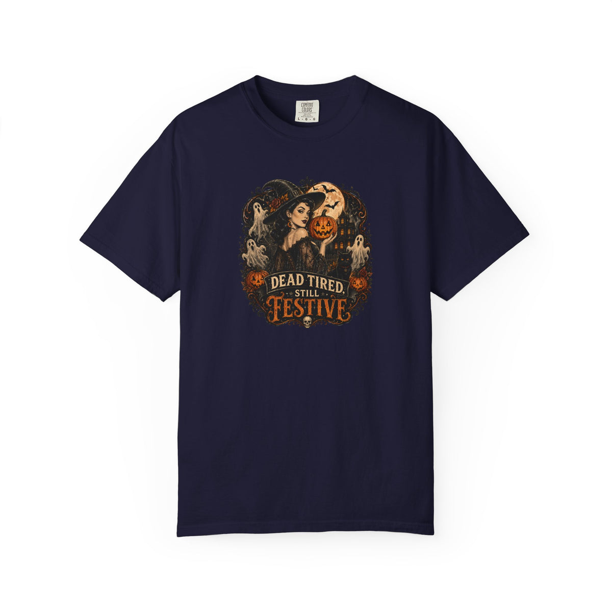 Halloween Graphic T-Shirt — "Dead Tired but Festive" Vintage Horror Pumpkin Tee