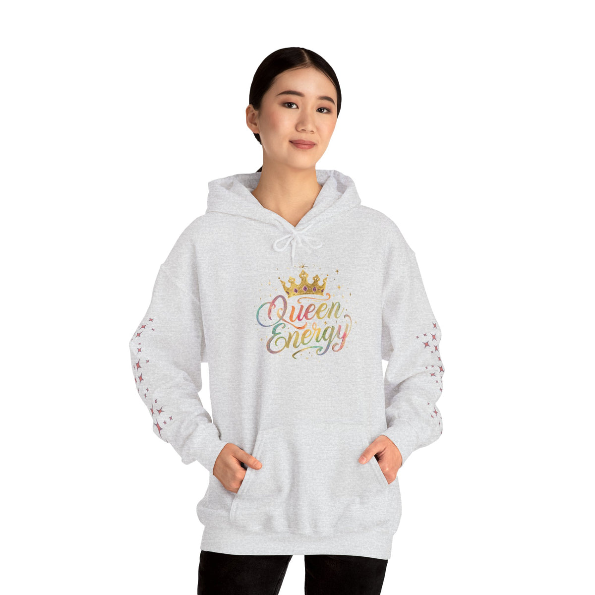 Queen Energy Hoodie — Feminine Crown Graphic Pullover with Star Sleeve Accents