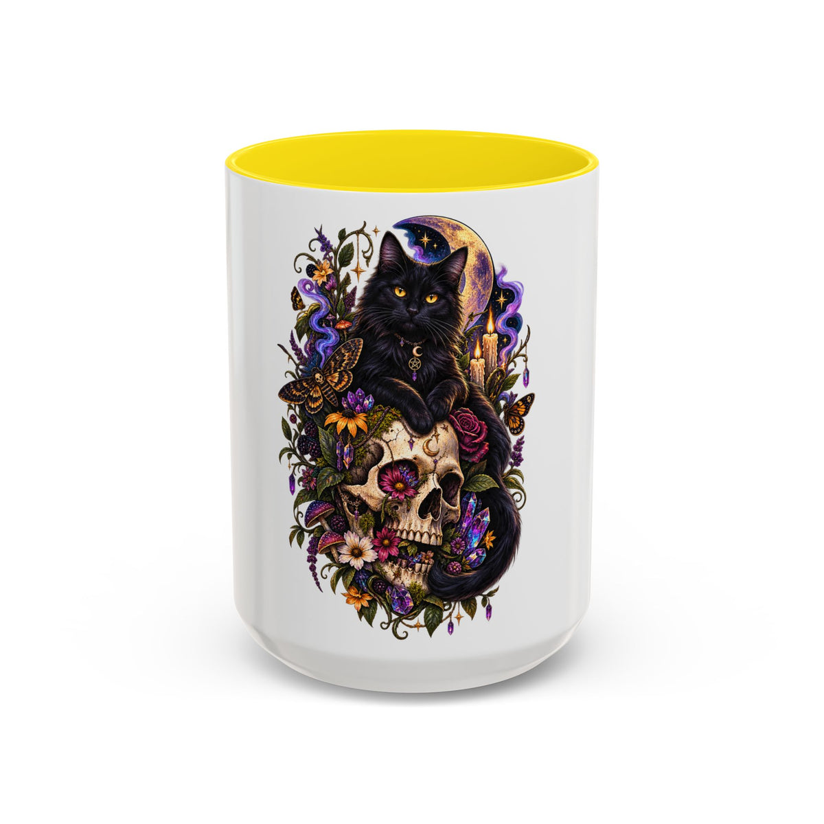 Black Cat & Skull Floral Accent Coffee Mug — Gothic Halloween Coffee Cup (11/15oz)