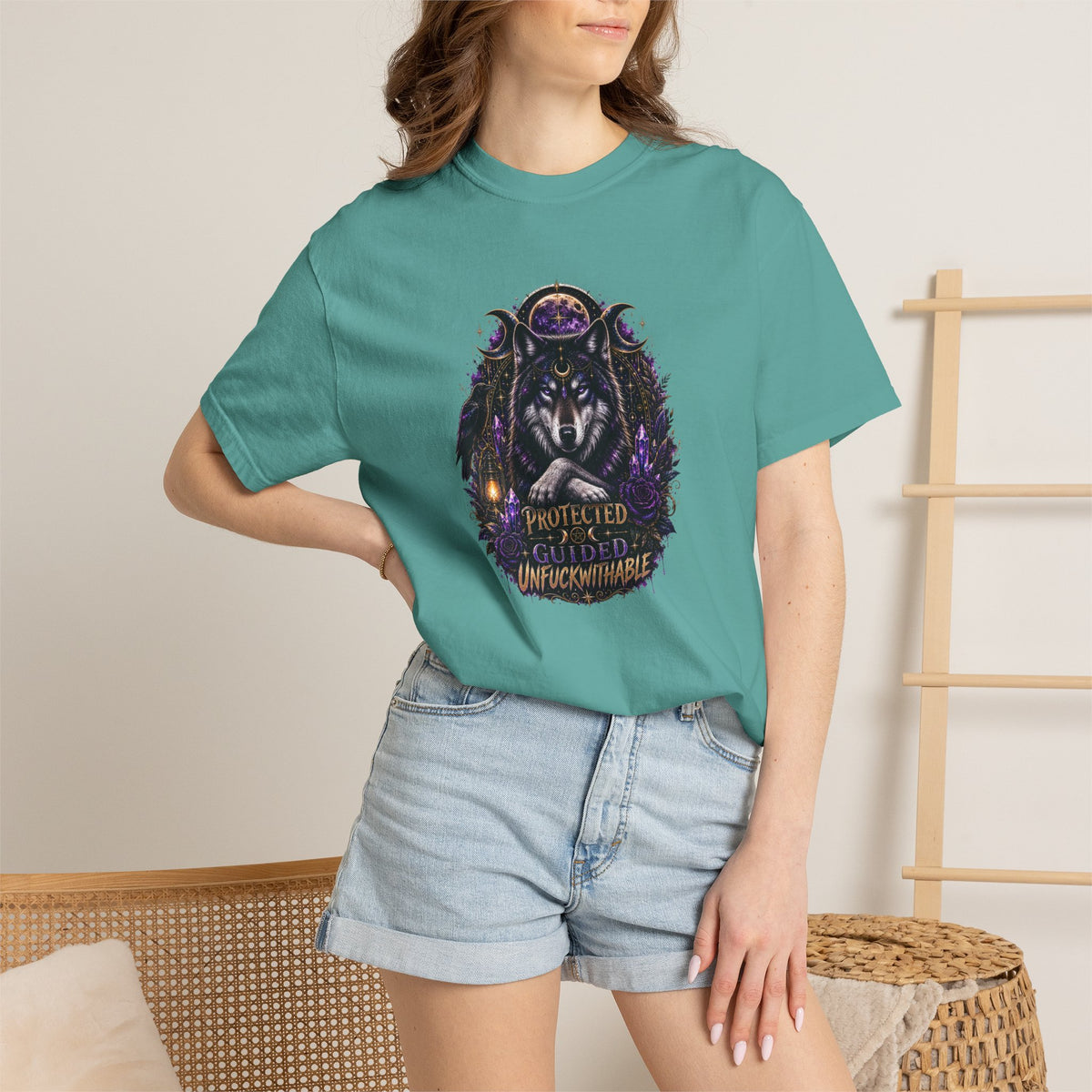Protector Wolf T-Shirt — "Protected, Guided, Unfuckwithable" Spiritual Graphic Tee