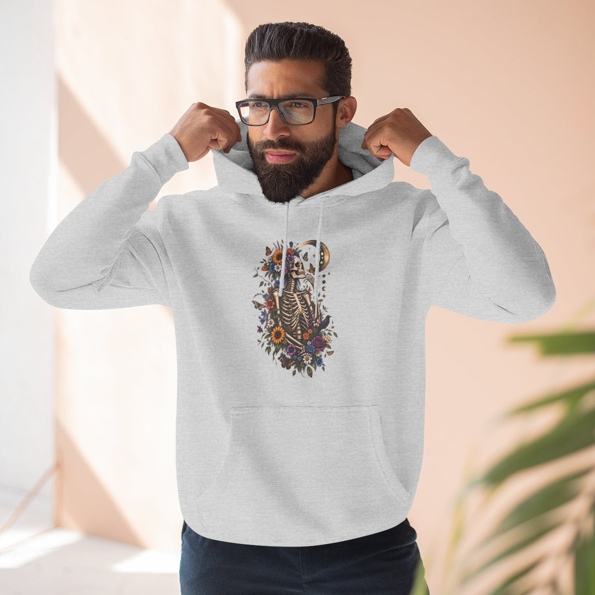 Skeleton Moon Floral Hoodie – Gothic Botanical Graphic Pullover