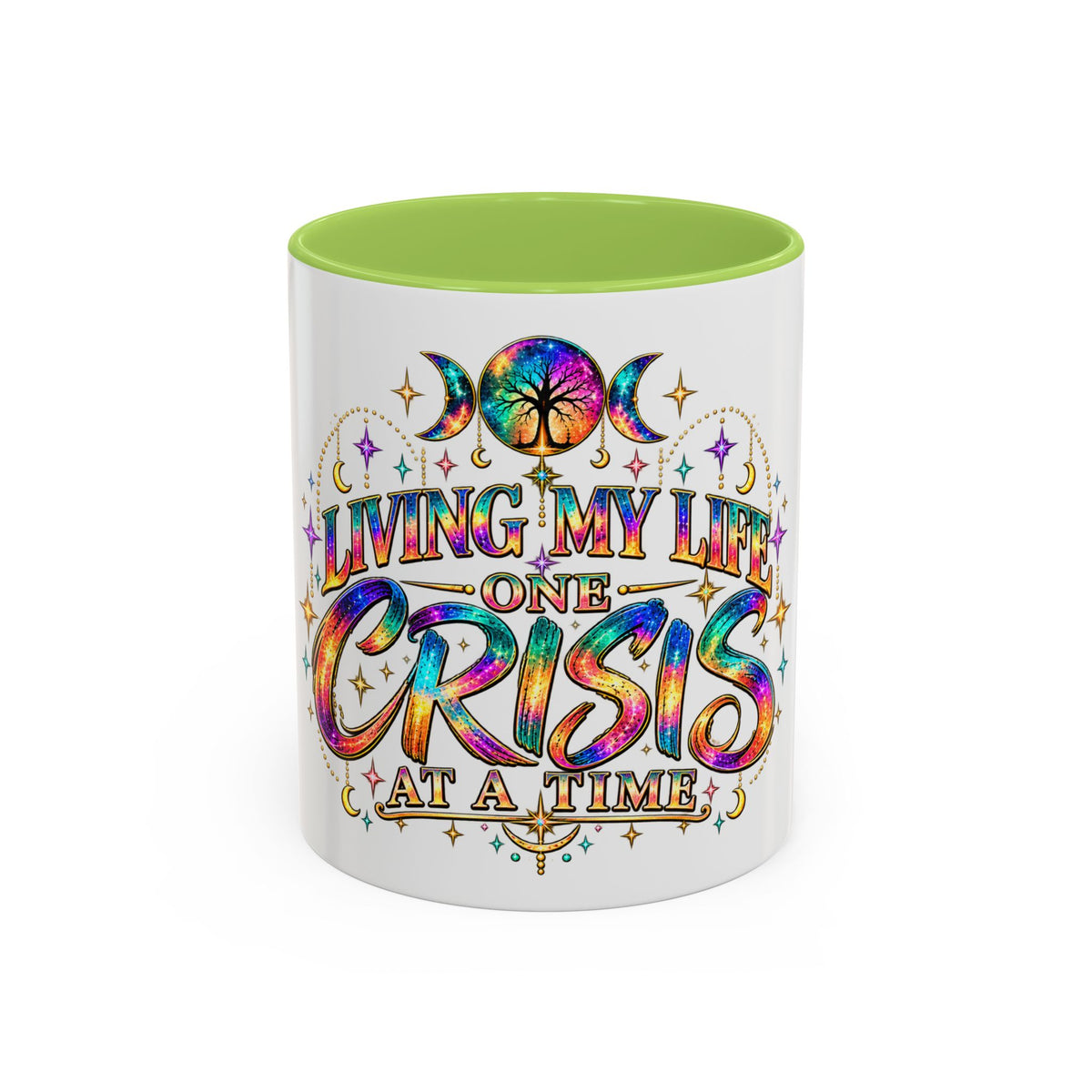 Coffee Mug — "Living My Life One Crisis at a Time" Colorful Boho Accent Mug (11/15oz)