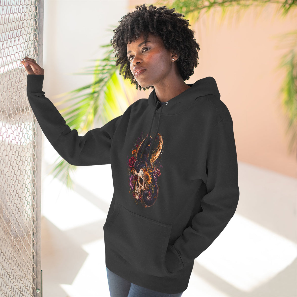 Skull & Cat Hoodie — Romantic Gothic Celestial Moon Graphic Fleece Pullover