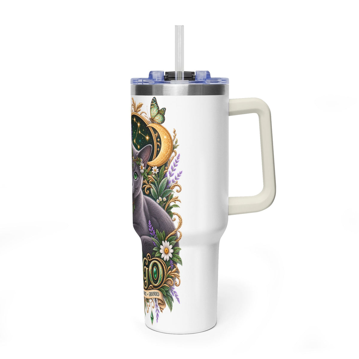 Virgo Cat 40oz Thermal Tumbler — Russian Blue Zodiac Astrology Travel Mug