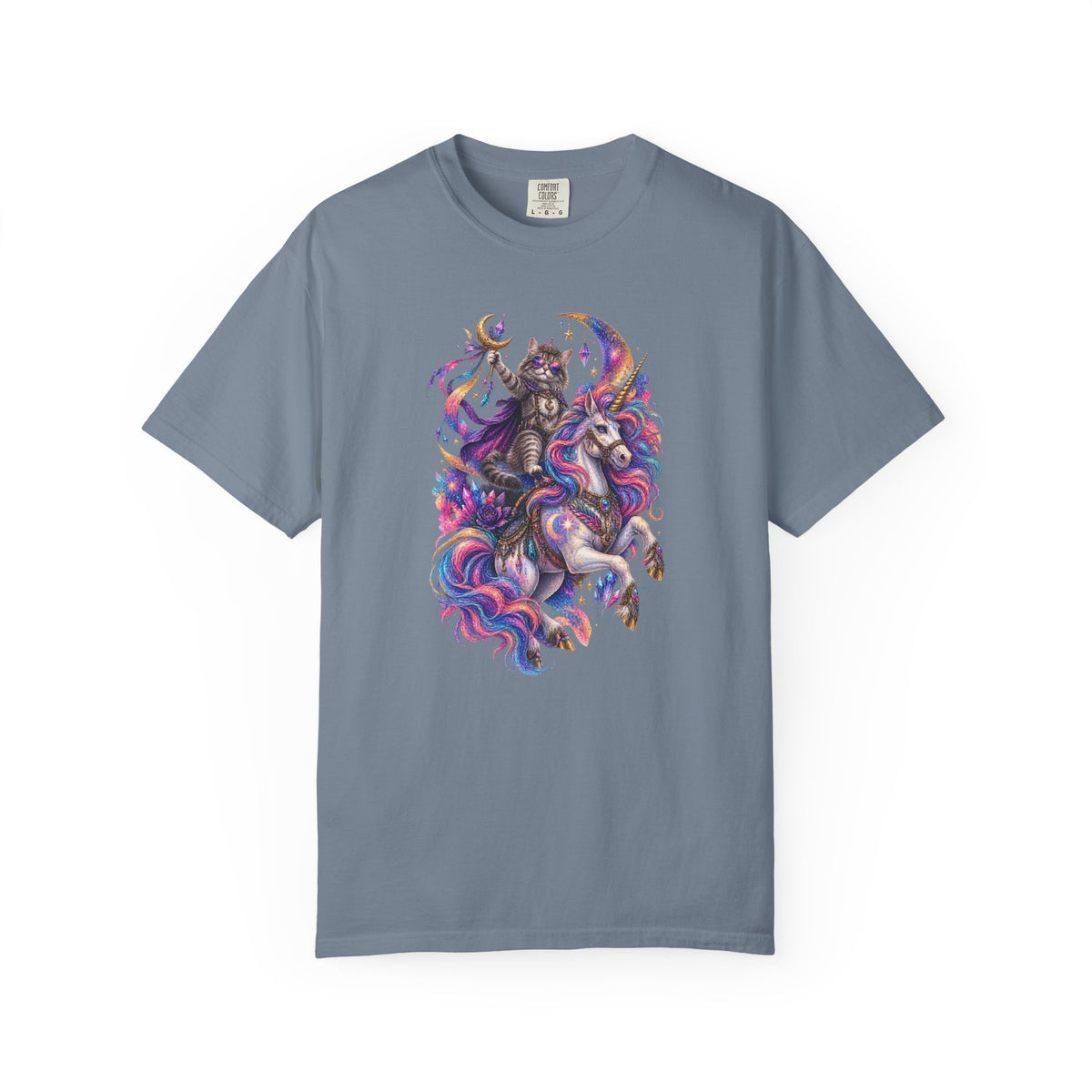 Cat Riding a Mystical Unicorn Horse Graphic T-Shirt — Colorful Cosmic Mane Art Tee
