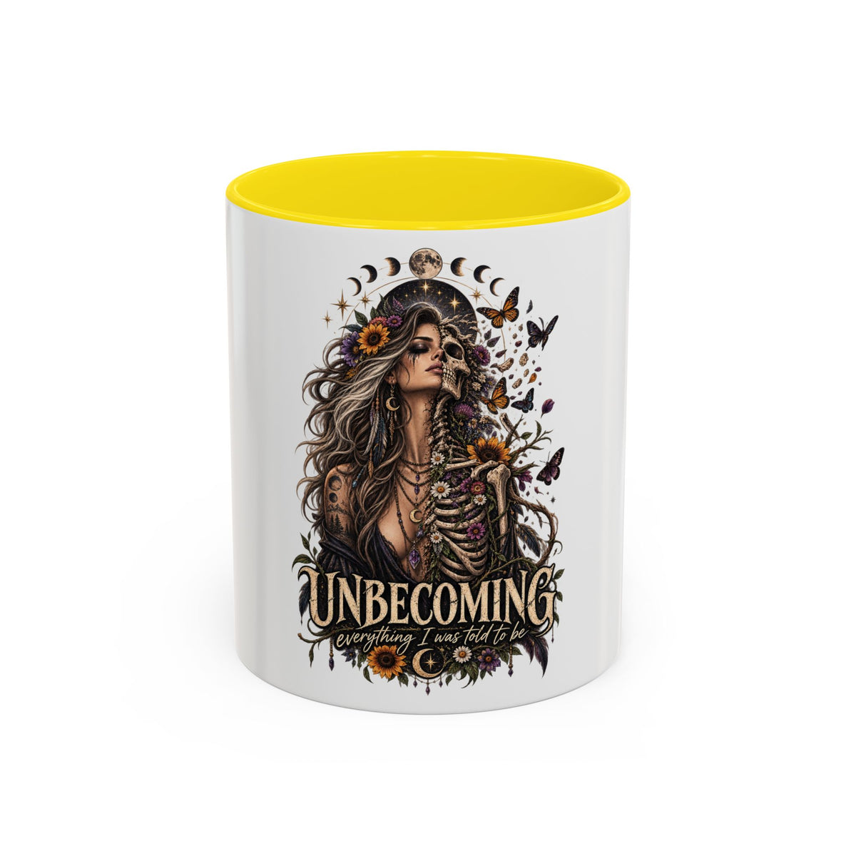Unbecoming Empowerment Coffee Mug — Sunflowers Woman Skeleton & Moon Phases 11/15oz Accent Mug