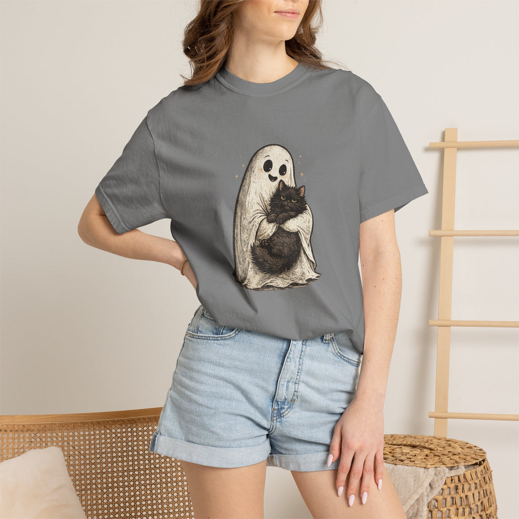 Boo & Meow Ghost Hugging Black Cat T-Shirt | Cute Spooky Tee