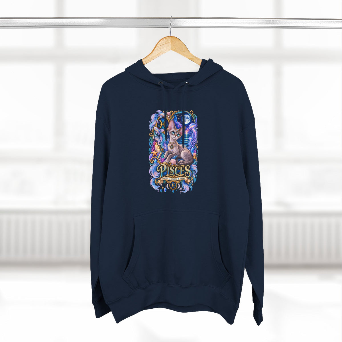 Pisces Zodiac Devon Rex Cat Hoodie — Mystical Watercolor Fish Astrology Pullover