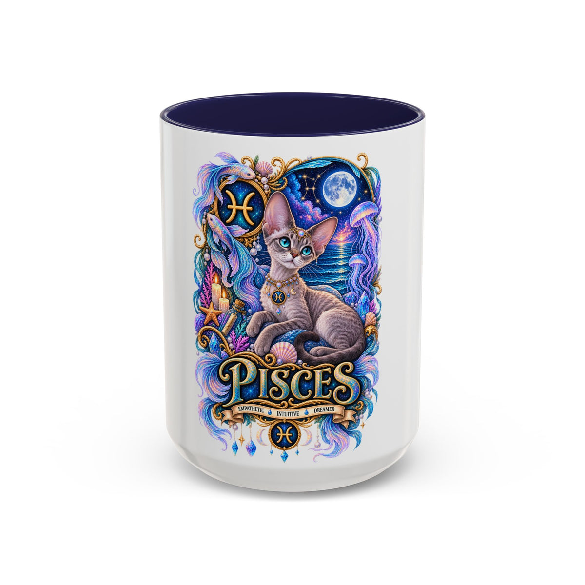 Pisces Devon Rex Cat Accent Coffee Mug — Zodiac Astrology Ceramic Mug (11/15oz)