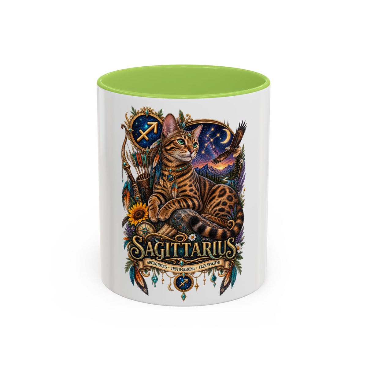 Sagittarius Bengal Cat Zodiac Coffee Mug — Cat Archer Astrology Accent Mug (11/15oz)