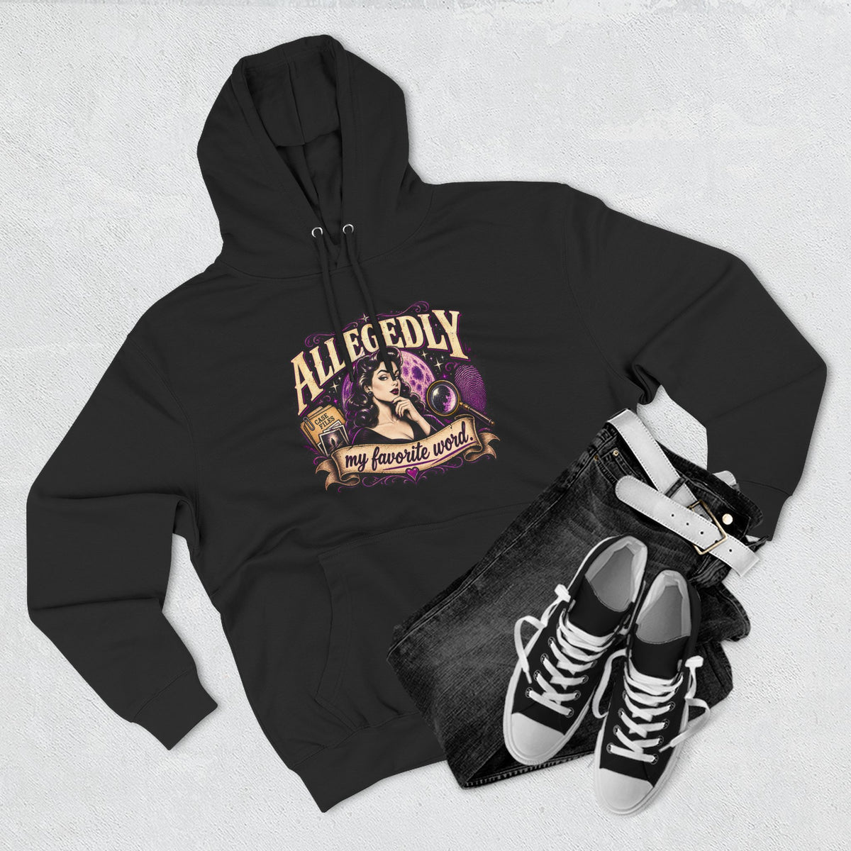 Hoodie — "Allegedly My Favorite Word" Retro Witch Graphic