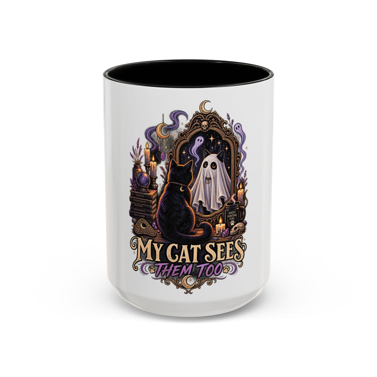 My Cat Sees Them Too Accent Coffee Mug – Halloween Cat & Ghost 11/15oz