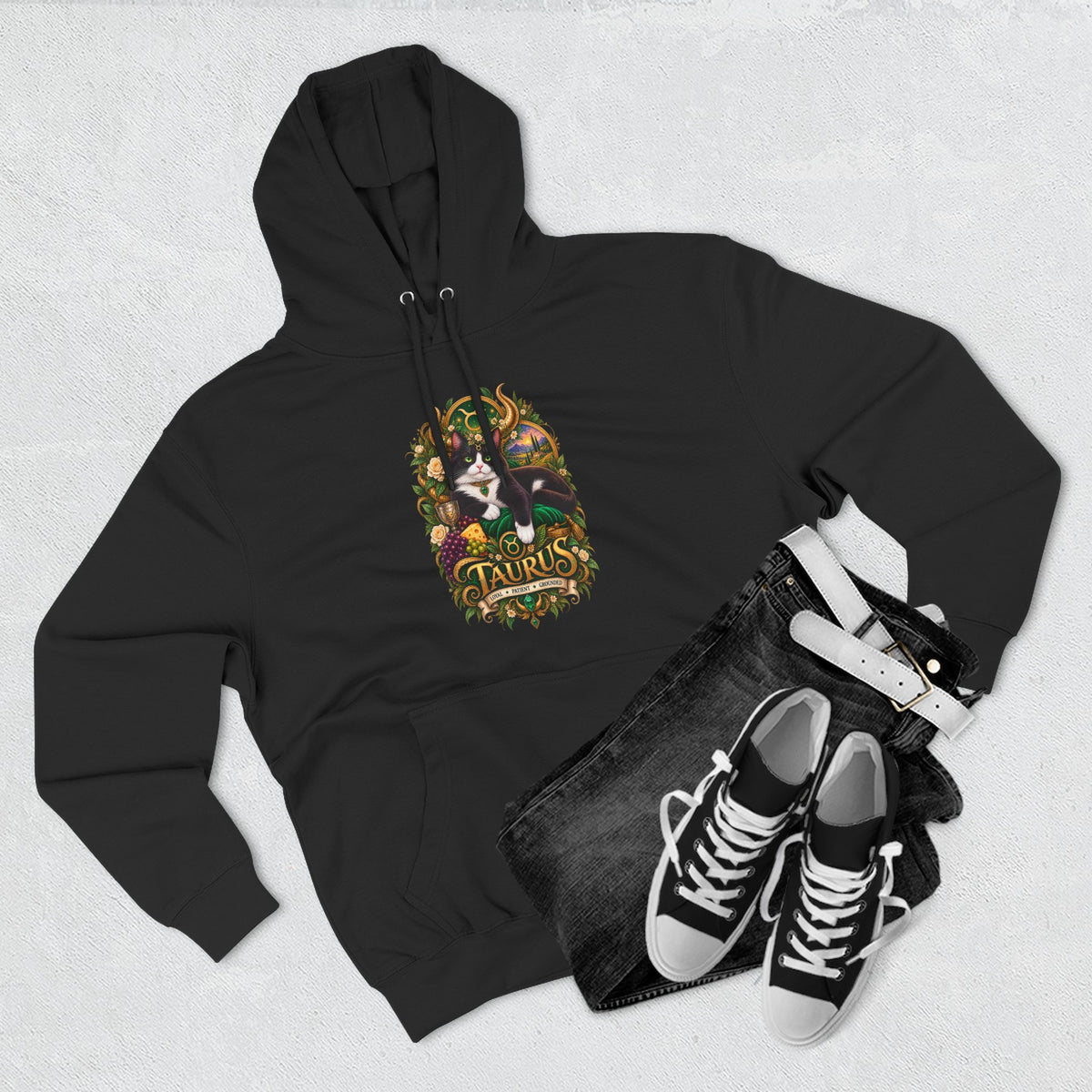 Taurus Tuxedo Cat Zodiac Hoodie — Earthy Bull Constellation Graphic Fleece Pullover