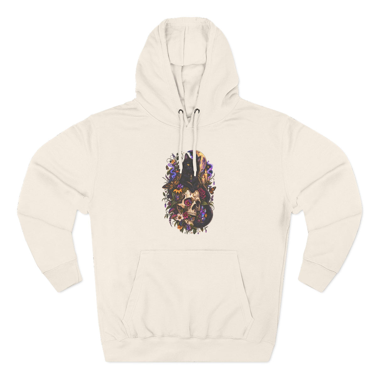 Skull Black Cat Hoodie — Romantic Gothic Floral Skull Graphic Fleece Pullover