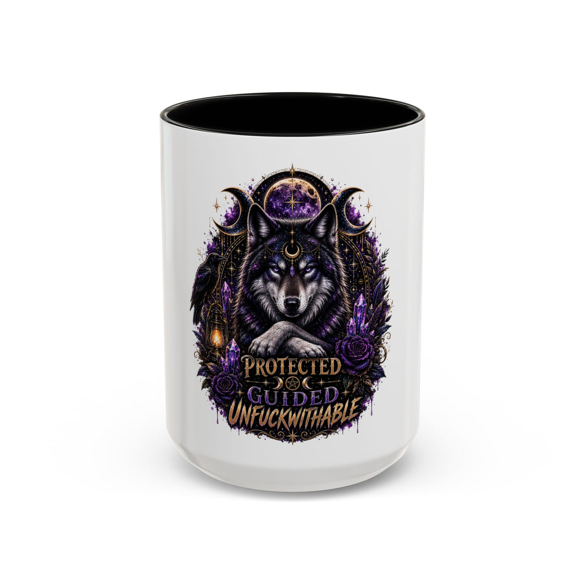 Protected, Guided & Unfuckwithable Wolf Coffee Mug — Spiritual Mystic Accent Mug (11/15oz)