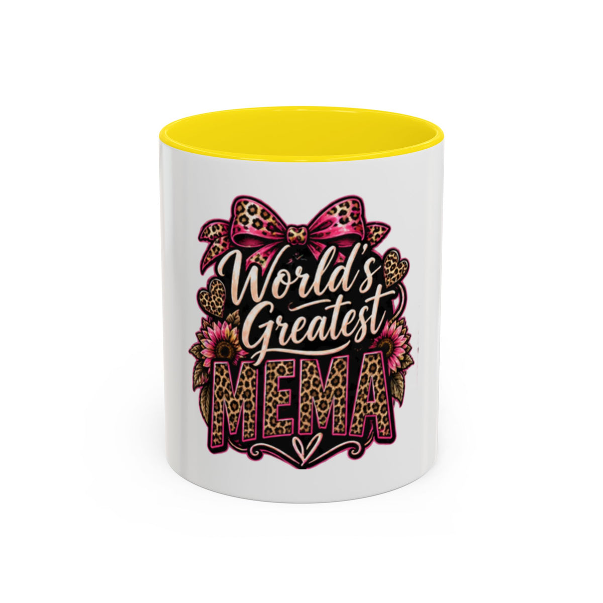 World's Greatest Mema Accent Coffee Mug – Leopard Pink Bow Gift for Grandma (11/15 oz)