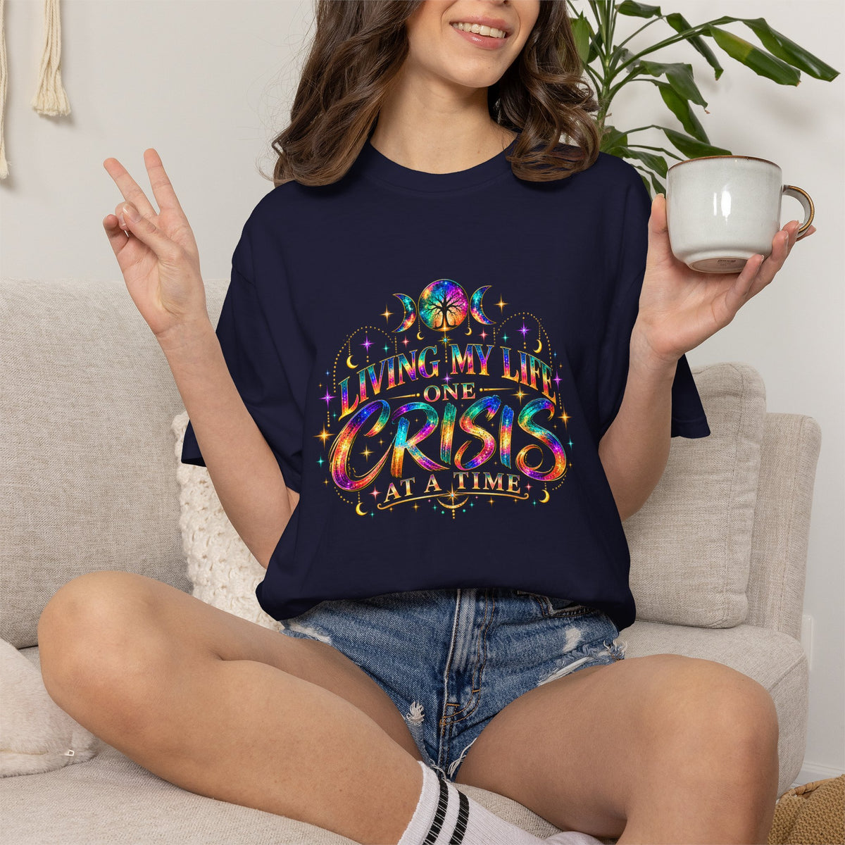 Graphic T-Shirt — "Living My Life One Crisis at a Time" Colorful Retro Tee