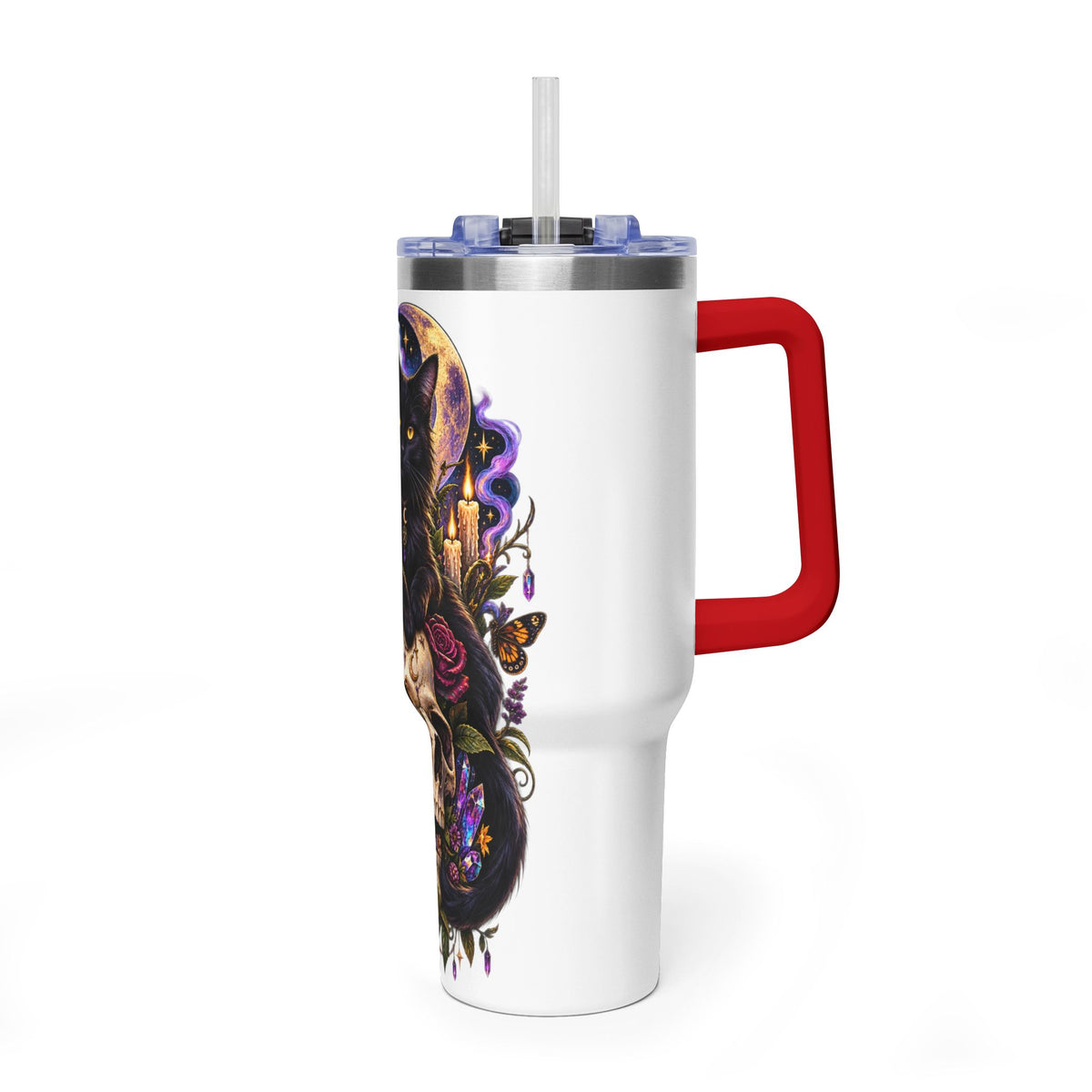 40oz Cat & Skull Thermal Tumbler – Gothic Floral Insulated Travel Mug