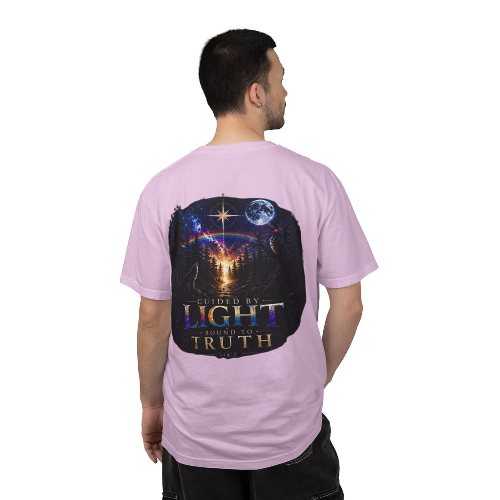 T-Shirt — "Guided by Light, Bound to Truth" Cosmic Forest Graphic