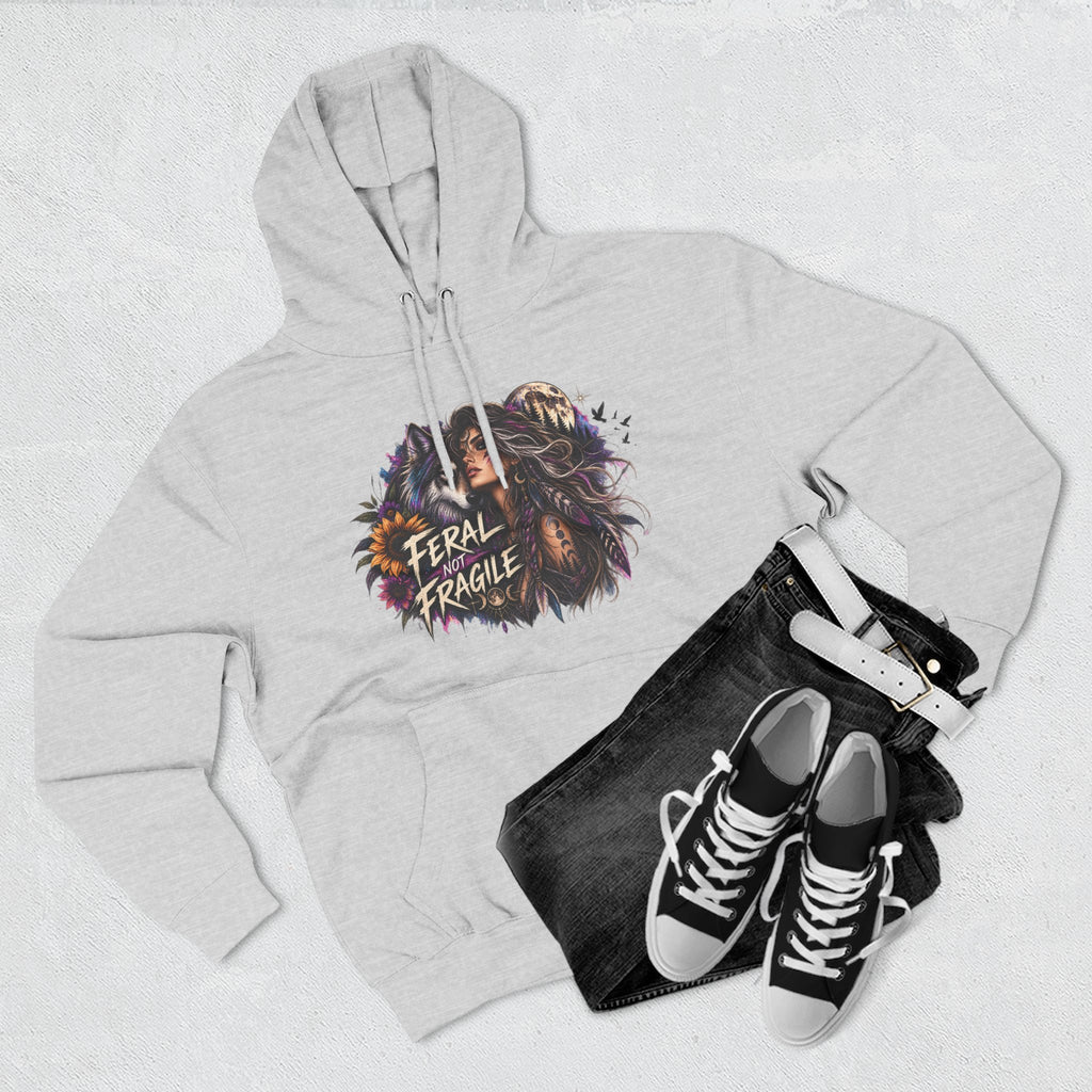 Feral Not Fragile Wolf & Woman Graphic Hoodie — Wildlife Fleece Pullover