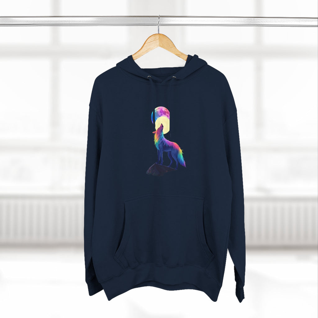 Rainbow Wolf Silhouette Hoodie | Colorful Moon Graphic
